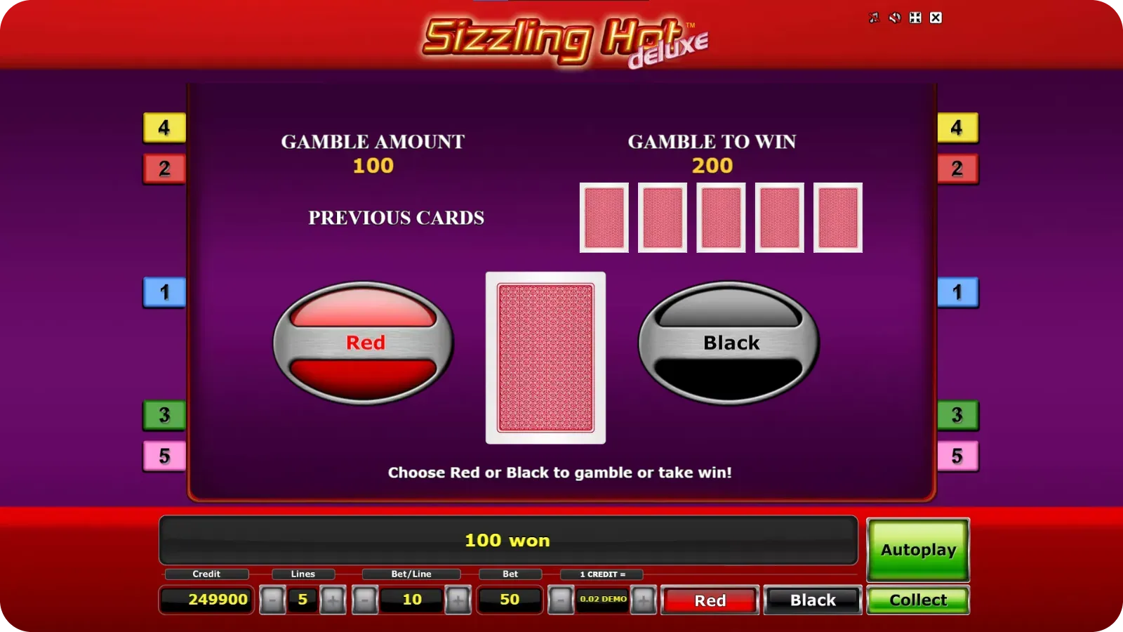 Gamble Feature with card selection in Sizzling Hot Deluxe