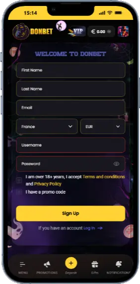 Formulaire d'inscription à un compte de casino en ligne